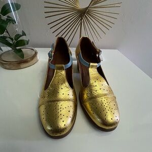 Mary Jane  by Julia bo/Gold and Blue Flats with Brogue Detailing